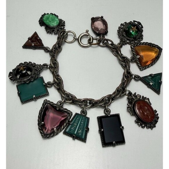 Estate Jewelry - Vintage ArtDeco Czech Carved Art Glass Charm Bracelet Multicolor Circa 30s Rare
